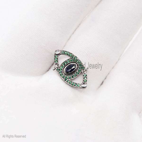 Evil Eye Shape Tsavorite Charms Holder, Silver Charms Holder Lock, 925 Silver Evil eye Push Lock, Silver Enhancer Jewelry, Charm Holder - Image 4