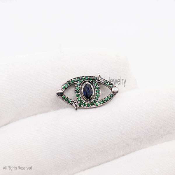 Evil Eye Shape Tsavorite Charms Holder, Silver Charms Holder Lock, 925 Silver Evil eye Push Lock, Silver Enhancer Jewelry, Charm Holder - Image 2