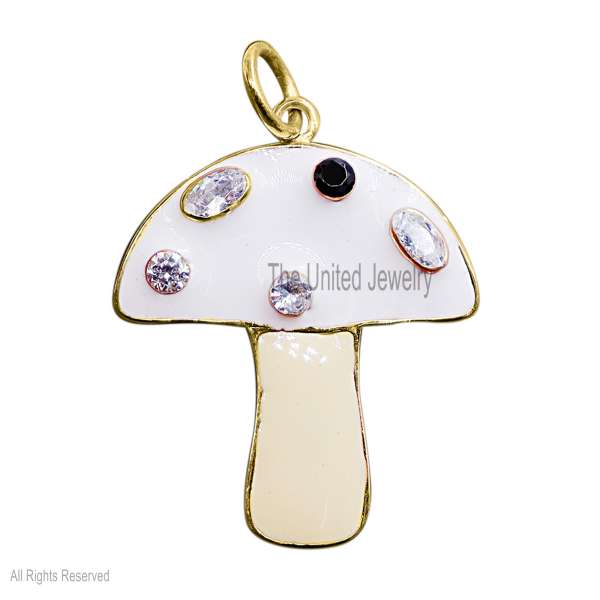 Enamel Handmade Magic Multi Gemstone Mushroom Sterling Silver Pendant Necklace, Enamel Mushroom Pendant - Image 2