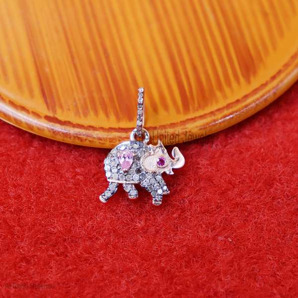 Sterling Silver Rose Gold Plating Pave Diamond with Ruby Elephant Pendant, Silver Elephant Charm, Diamond Elephant Charm - Image 2