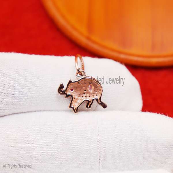 Sterling Silver Rose Gold Plating Pave Diamond with Ruby Elephant Pendant, Silver Elephant Charm, Diamond Elephant Charm - Image 3