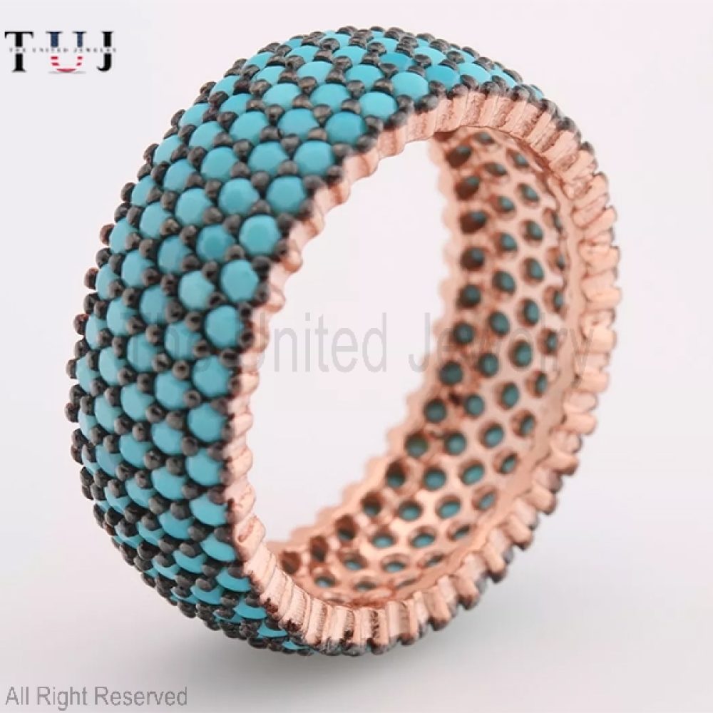 Turquoise Rose Gold 5 Lines 925 Sterling Silver Band Ring Size