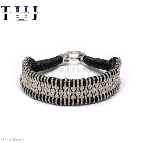 925 Sterling Silver Handmade Black Thread Pave Diamond Bracelet Jewelry