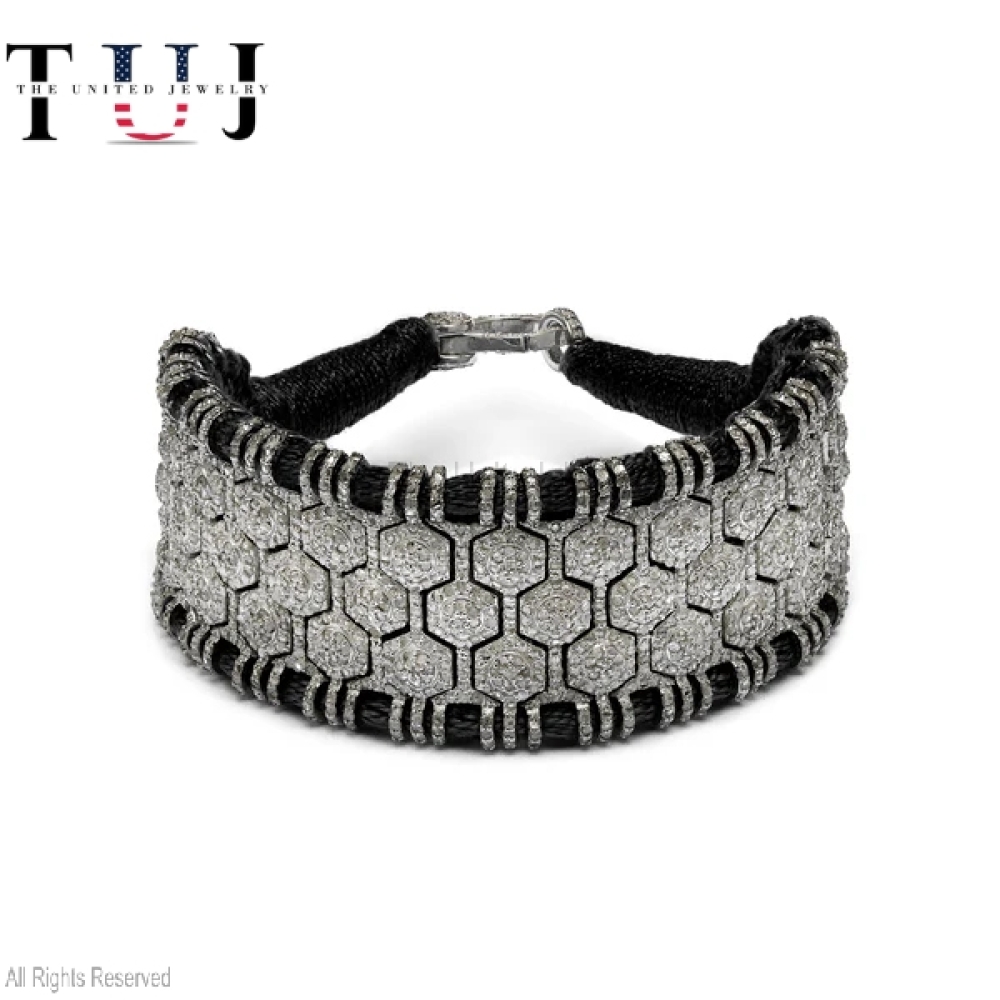 925 Sterling Silver Handmade Black Thread Pave Diamond Bracelet Jewelry