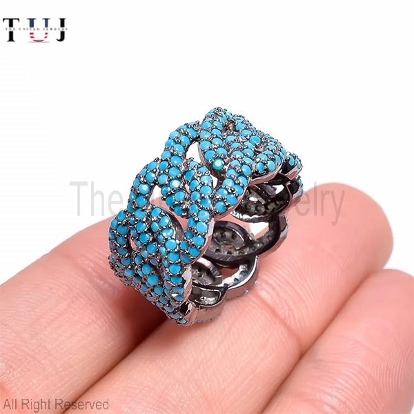 Turquoise Pave Jewelry Black Plated 925 Sterling Silver Ring