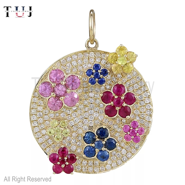 Flower Medallion Pave Diamond And Multi Sapphire Charm In 925 Sterling Silver