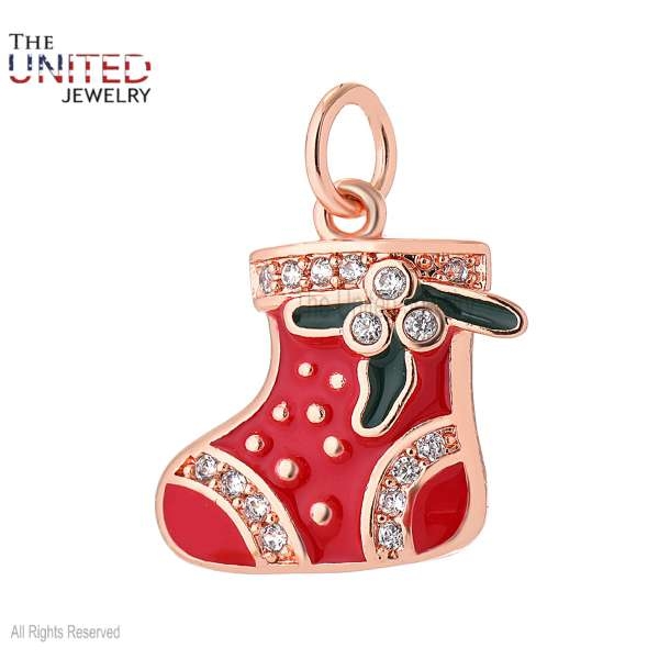 Sterling Silver Red Enamel Color With Moissanite Christmas Stocking Charm Pendant, Handmade Silver Enamel Christmas Stocking Charm Jewelry