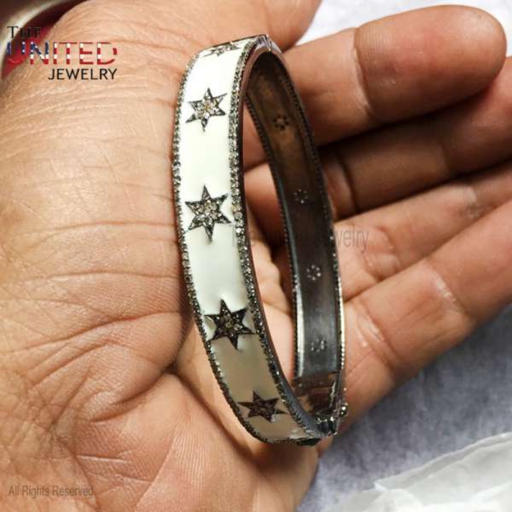 Handmade Sterling Silver Pave Diamond Star With White Enamel Bangle For Women, Silver Diamond Star Bangle, Enamel Silver Bangle Jewelry