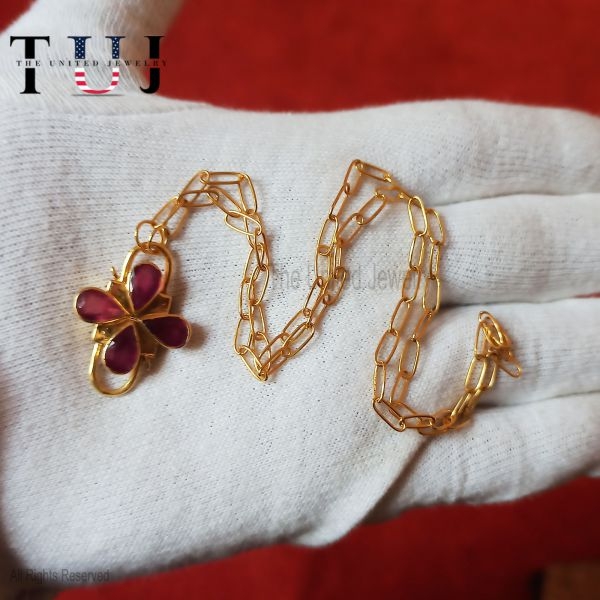 Yellow Gold Plated Paper Clips Chain Necklace With Flower Design Ruby Padlock in 925 Sterling Silver Jewelry