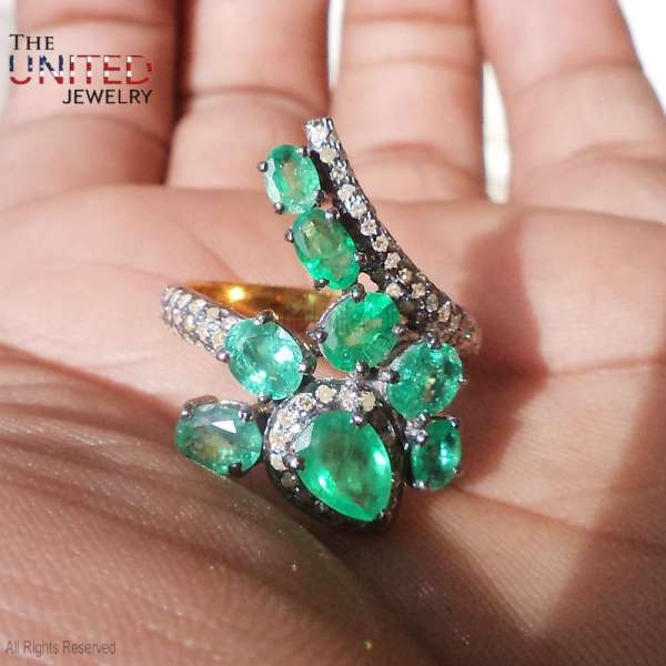 925 Sterling Silver Emerald With Diamond Designer Ring, Emerald Design Ring, Handmade Silver Emerald Designer Ring Jewelry For Women’s