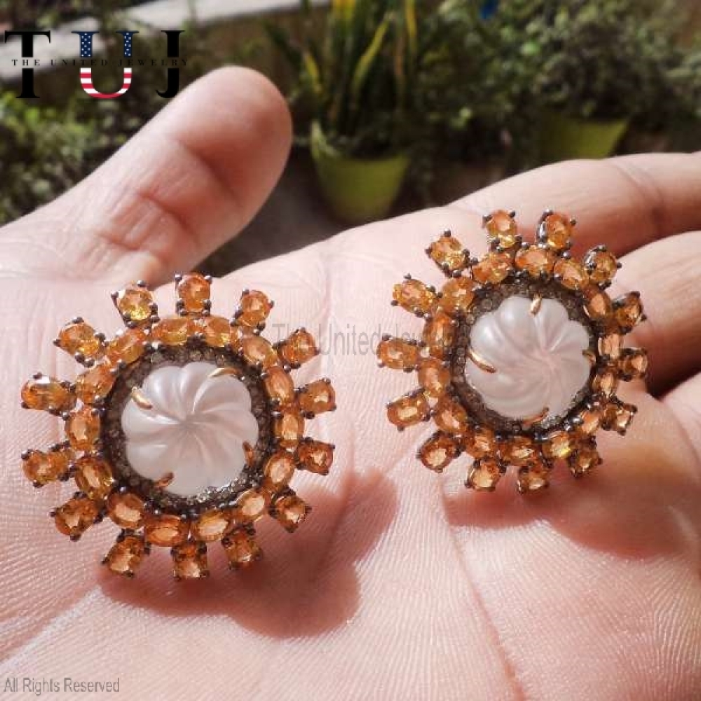 Handmade 925 Sterling Silver White Crystal With Diamond And Yellow Sapphire Flower Studs Earrings For Women