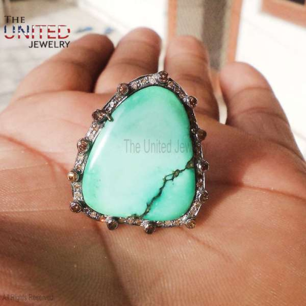 Designer Turquoise Handmade Sterling Silver Pave Diamond Ring Jewelry, Silver Women’s Ring Jewelry, Vintage Jewelry, Designer Handmade Ring