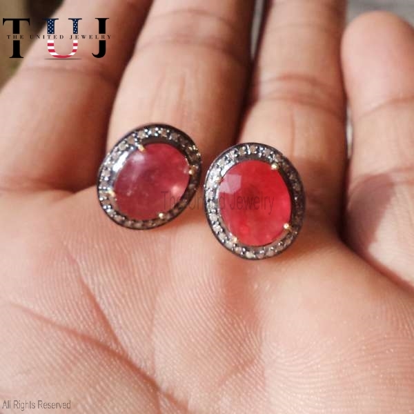 Handmade 925 Sterling Silver Diamond With Ruby Round Studs Earrings For Women