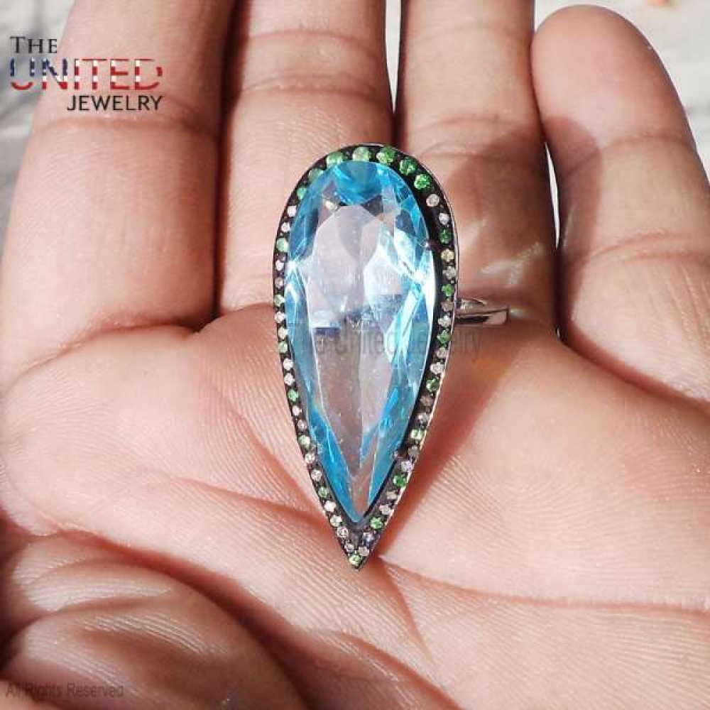 925 Sterling Silver Handmade Pave Diamond With Blue Topaz Ring Jewelry For Women’s