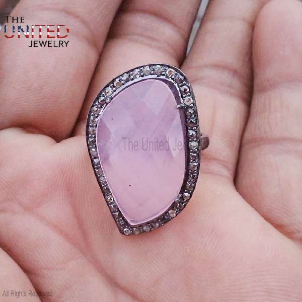 925 Sterling Silver Pink Sapphire With Diamond Designer Ring, Pink Sapphire Silver Ring For Women’s, Handmade Sterling Silver Pink Sapphire Ring jewelry