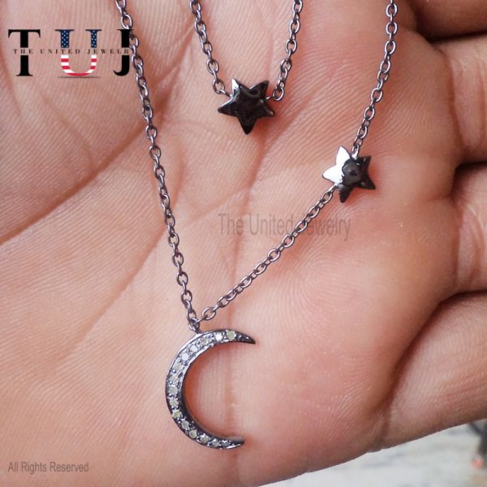 925 Sterling Silver Pave Diamond Handmade Crescent Moon And Star Charm Necklace Jewelry