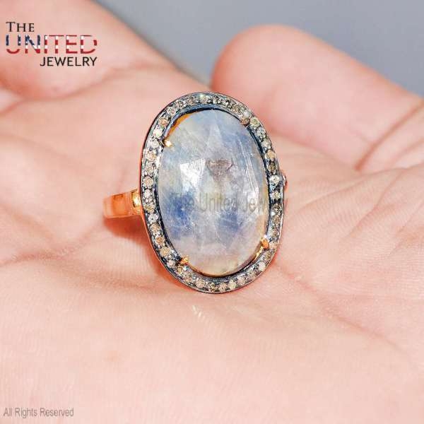 925 Sterling Silver Diamond Studded Moonstone Ring Sterling Silver Gemstone Vintage Jewelry