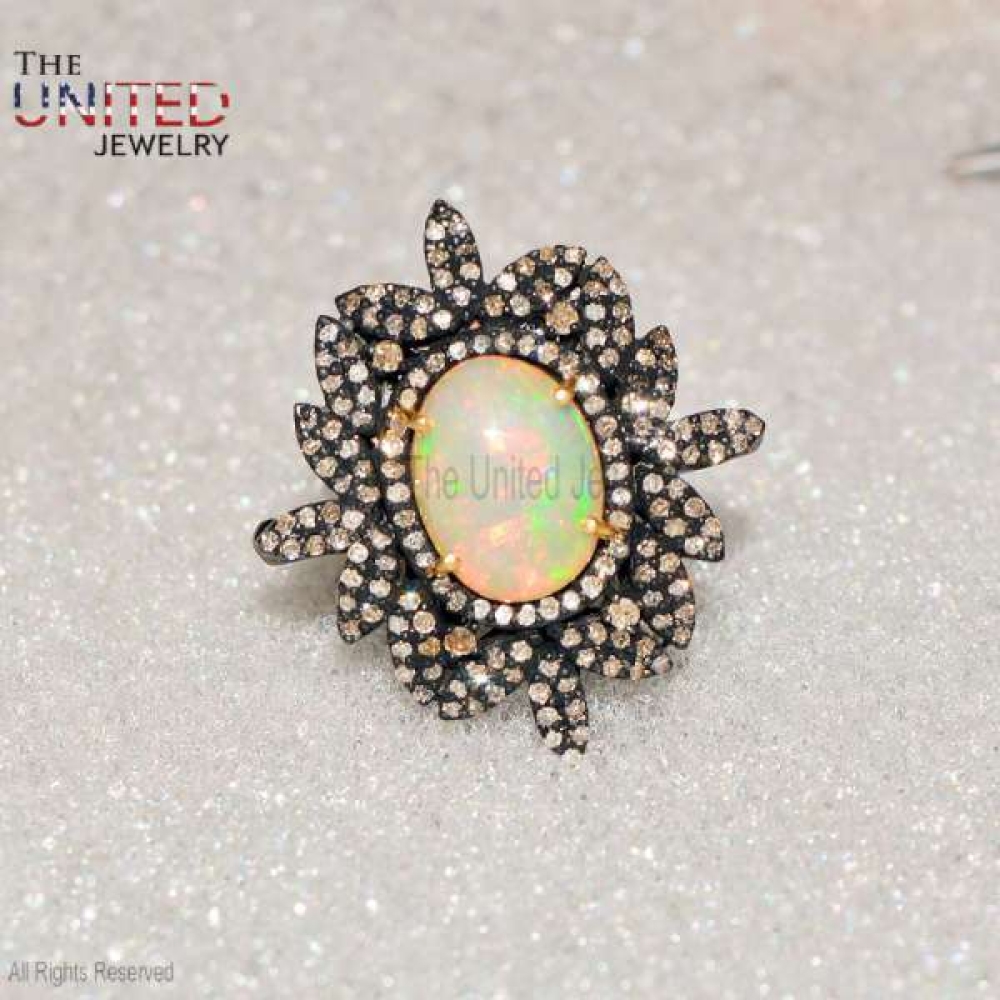 925 Sterling Silver Pave Diamond With Opal Handmade Ring Jewelry For Women’s