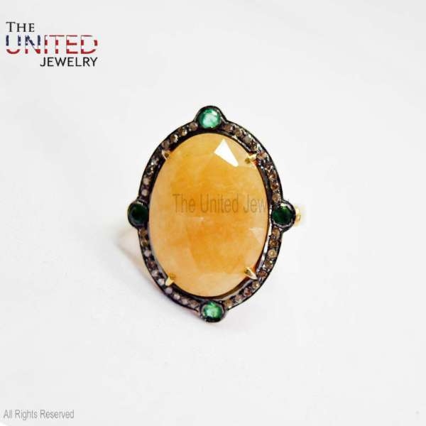 Yellow Sapphire Natural Pave Diamond Sterling Silver Ring, Emerald Ring, Sterling Silver Jewelry