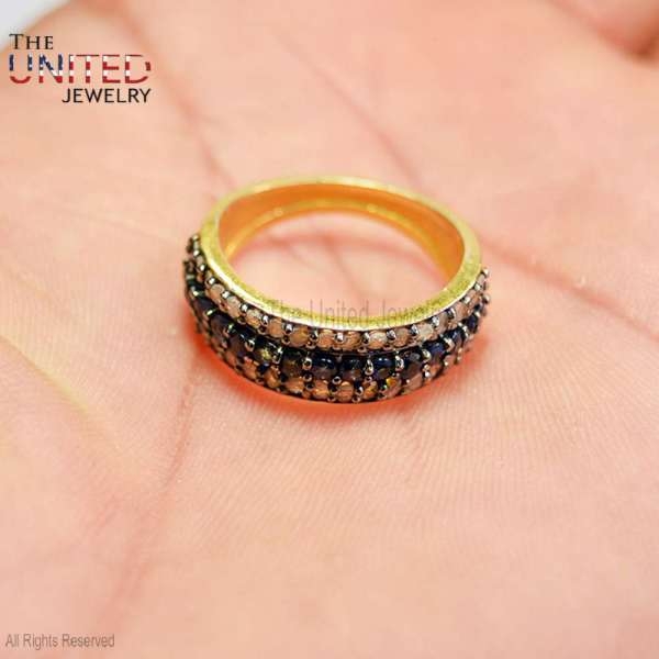 Diamond Ring 925 Sterling Silver Natural Single Cut Pave Diamond and Blue Sapphire Band Shape Beautiful Handmade Ring Jewelry For Women’s