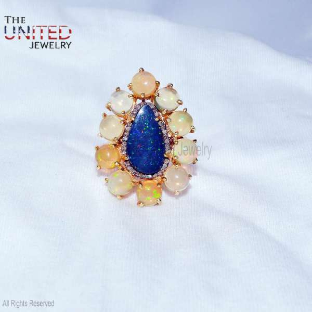 Handmade Pave Diamond With Opal And Lapis Lazuli 925 Sterling Silver Designer Ring Jewelry For Women’s