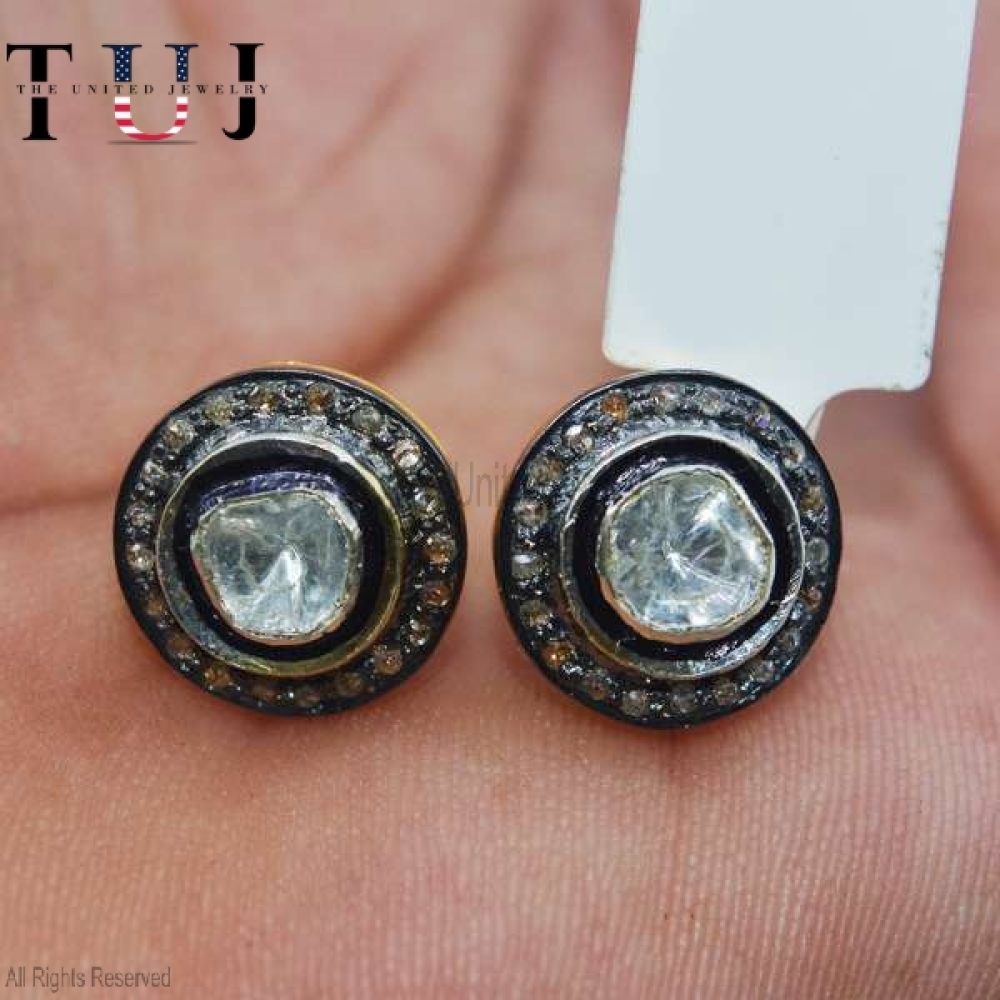 Handmade 925 Sterling Silver Pave Diamond With Polki Round Studs Earrings For Women