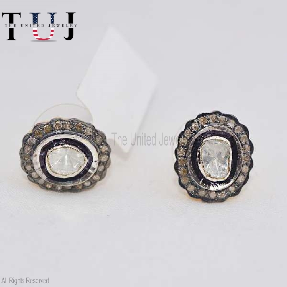 925 Sterling Silver Pave Diamond With Polki Handmade Designer Studs Earrings For Women