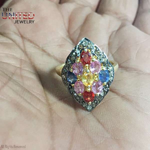 925 Sterling Silver Pave Diamond With Multisapphire Handmade Ring Jewelry For Women’s