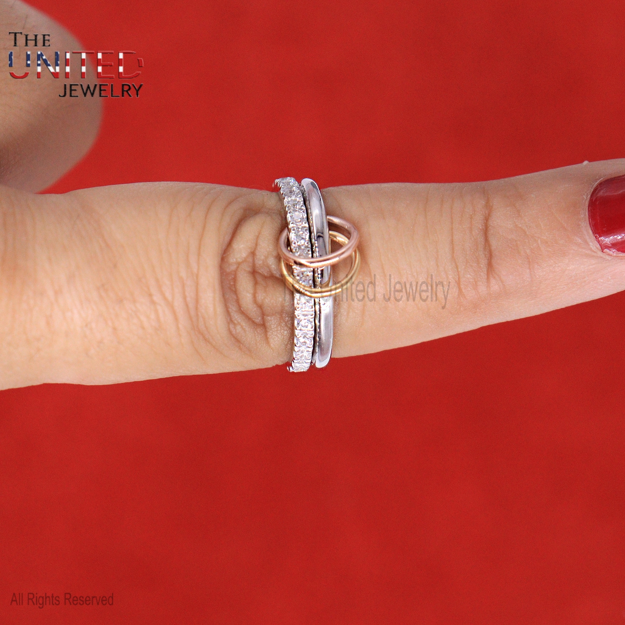 Natural Diamond Multi link Connected Rings, Diamond Multi Link Love Ring, Diamond Trinity Link Band, Two Link Ring, Connected Rings