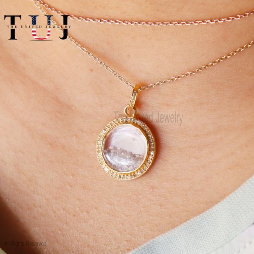 925 Sterling Silver Pave Diamond Round Shaker Charm Necklace Handmade Jewelry