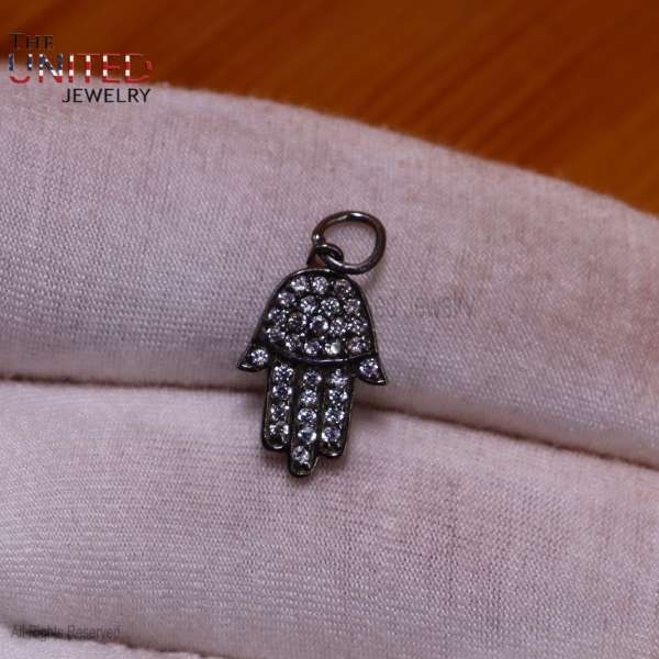 Diamond Hamsa Hand Pendant, Silver Diamond Hamsa Pendant, Hamsa Charm, Handmade Silver Hamsa Charm ,Handmade Hamsa Jewelry