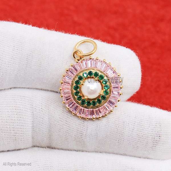 Pink Topaz with Tsavorite and Pearl Pendant Necklace Jewelry, Silver Tsavorite and Pink Topaz with Pearl Charm, Tsavorite Charm, Pearl Charm