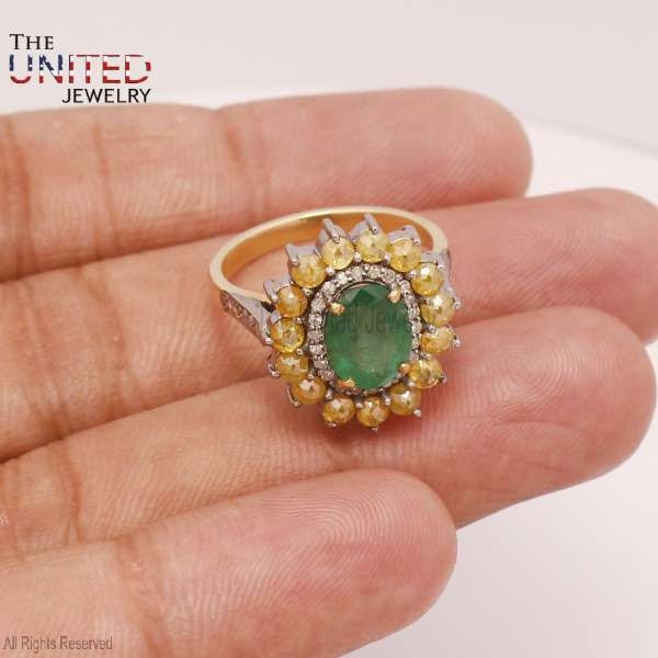 925 Sterling Silver Pave Diamond With Emerald and Yellow Sapphire Designer Ring, Handmade Silver Diamond With Emerald Engagement Ring Jewelry For Women’s