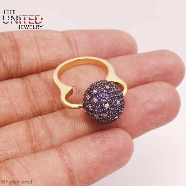 925 Sterling Silver Blue Sapphire With Pave Diamond Designer Ball Women Ring, Handmade Silver Diamond Blue Sapphire Gemstone Ball Engagement Ring Jewelry For Women’s