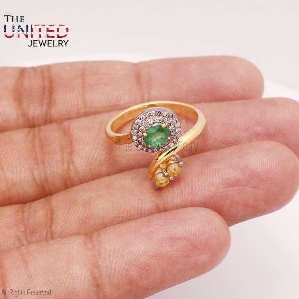 Pave Diamond With Emerald 925 Sterling Silver Handmade Ring Jewelry, Handmade Silver Pave Diamond With Yellow Sapphire Ring For Women’s Jewelry