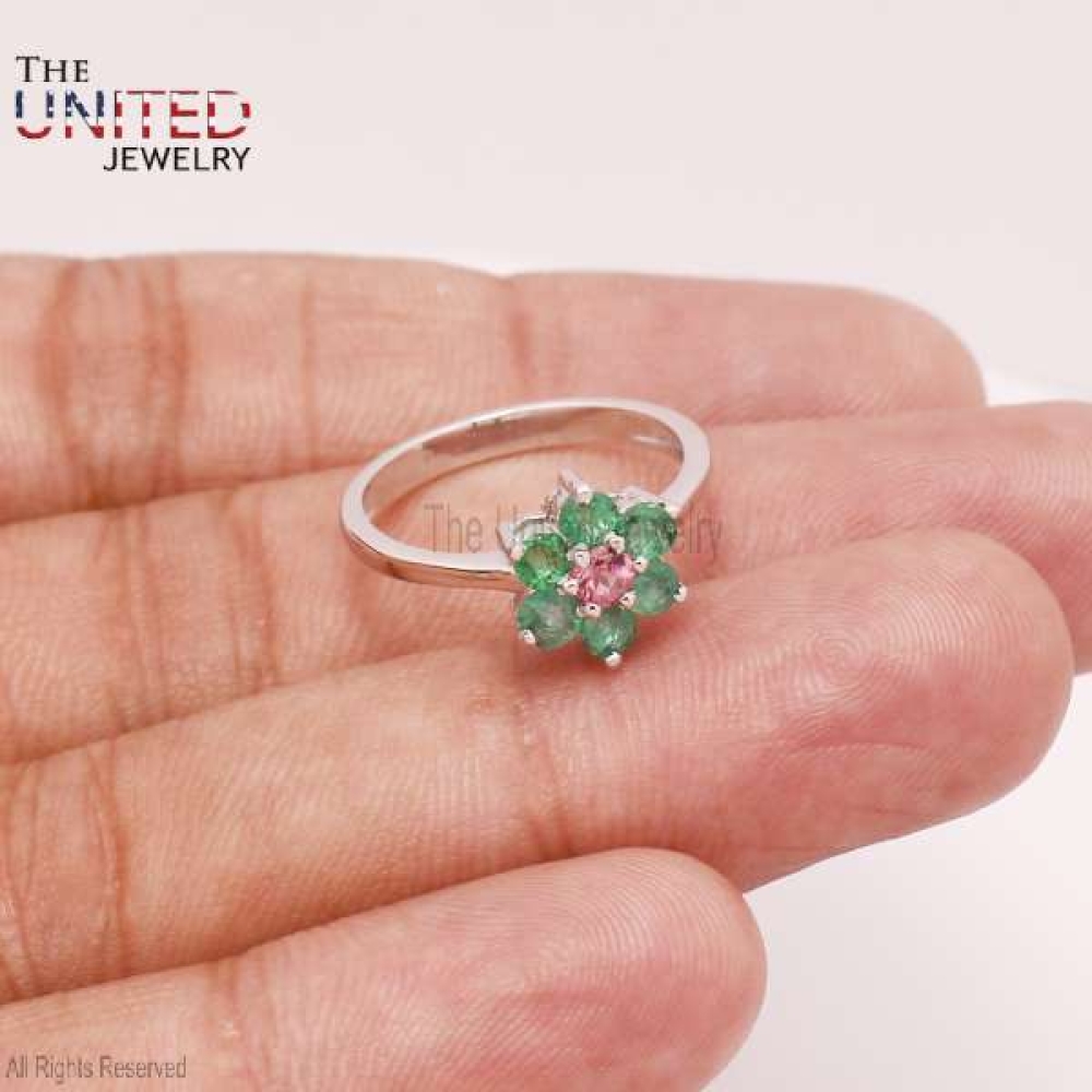 Tsavorite With Ruby Flower Shaper Designer Sterling Silver Handmade Ring, 925 Sterling Silver Handmade Tsavorite Flower Ring Jewelry For Women’s