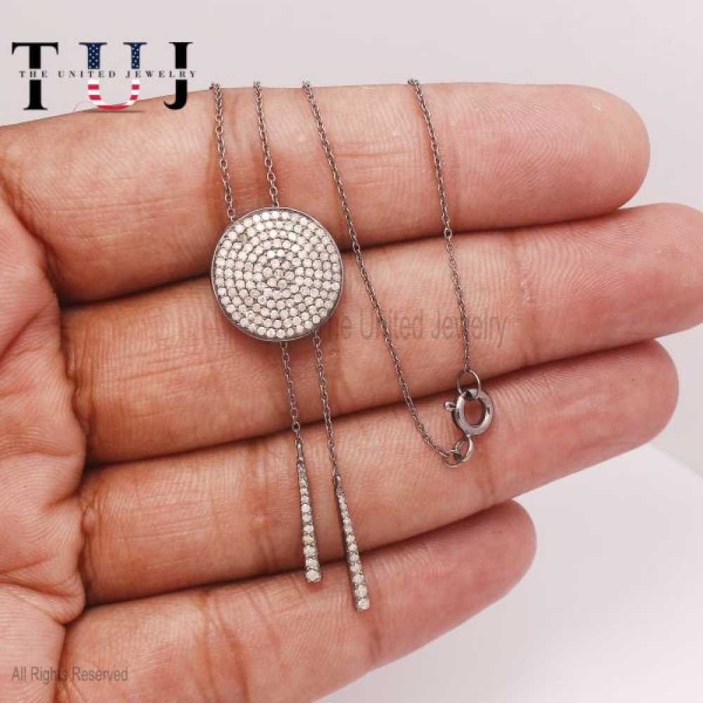 925 Sterling Silver Pave Diamond Round Charm Handmade Necklace Jewelry