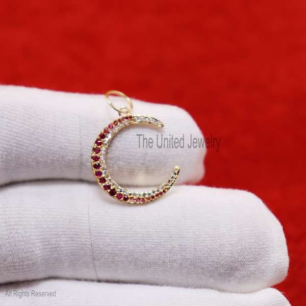 14k Yellow Gold Crescent Half Moon Natural Pave Diamond Handmade Pendant Necklace Charms Jewelry, 14k Gold Ruby Half Moon Charm