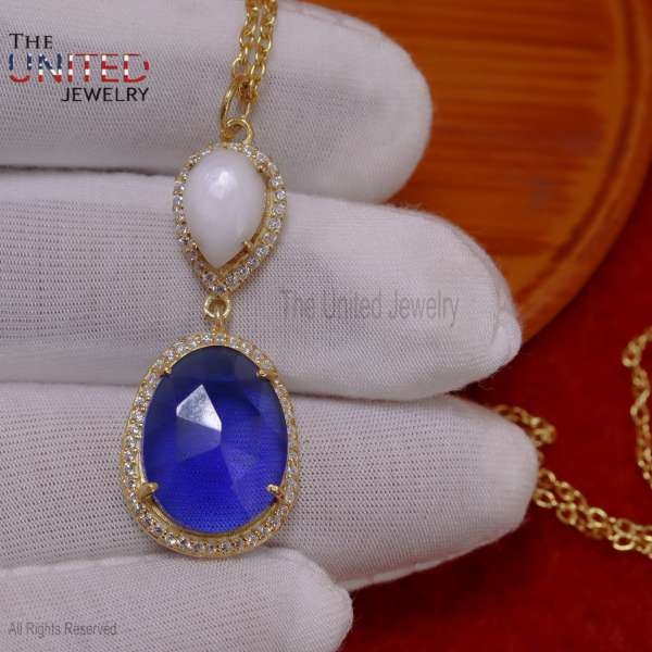 925 Sterling Silver Pearl With Blue Sapphire And Diamonds Handmade Charm Pendant For Women’s