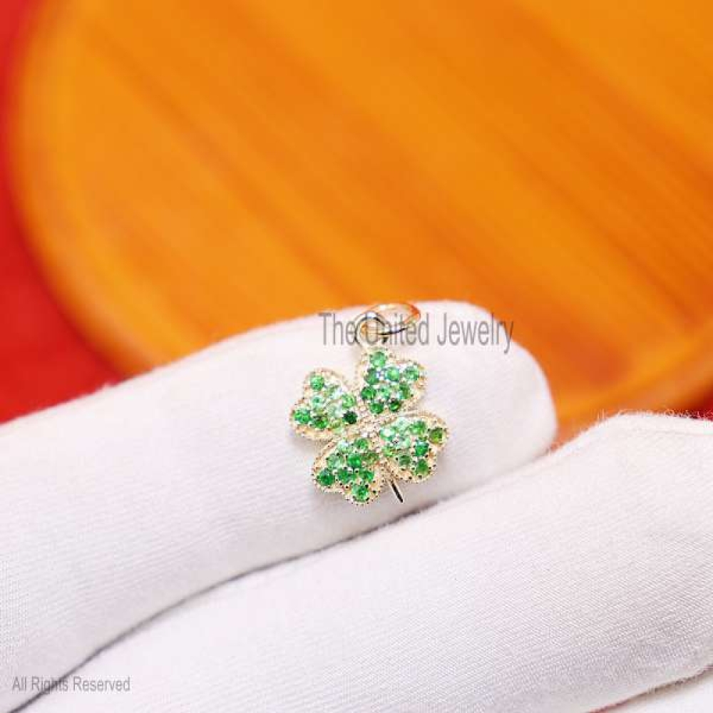 14K Gold Emerald Four Leaf Clover, Gold Clover Charm, Emerald Clover Pendant, Handmade Gold Emerald Clover Charm Pendant Jewelry