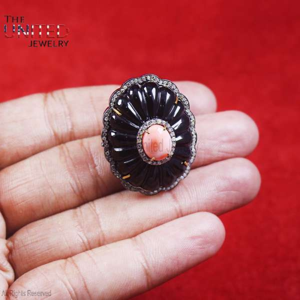 925 Sterling Silver Handmade Pave Diamond With Black Onyx And Color Gemstone Designer Ring Jewelry For Women’s