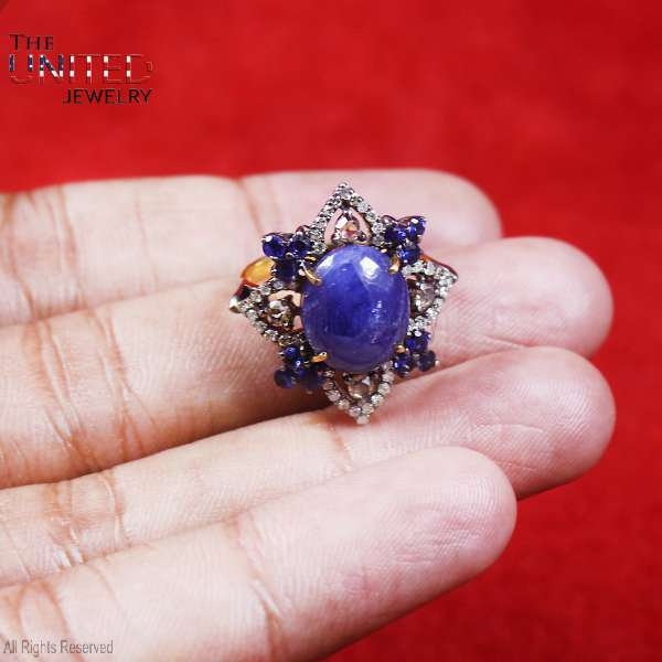 925 Sterling Silver Pave Diamond With Tanzanite And Blue Sapphire Designer Handmade Ring Jewelry For Women’s