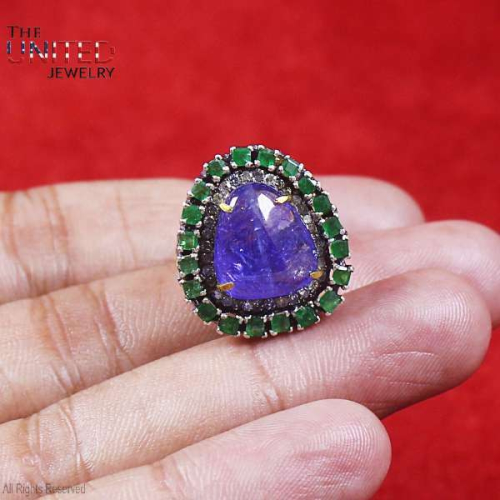 925 Sterling Silver Pave Diamond With Tanzanite And Tsavorite Designer Handmade Ring Jewelry For Women’s