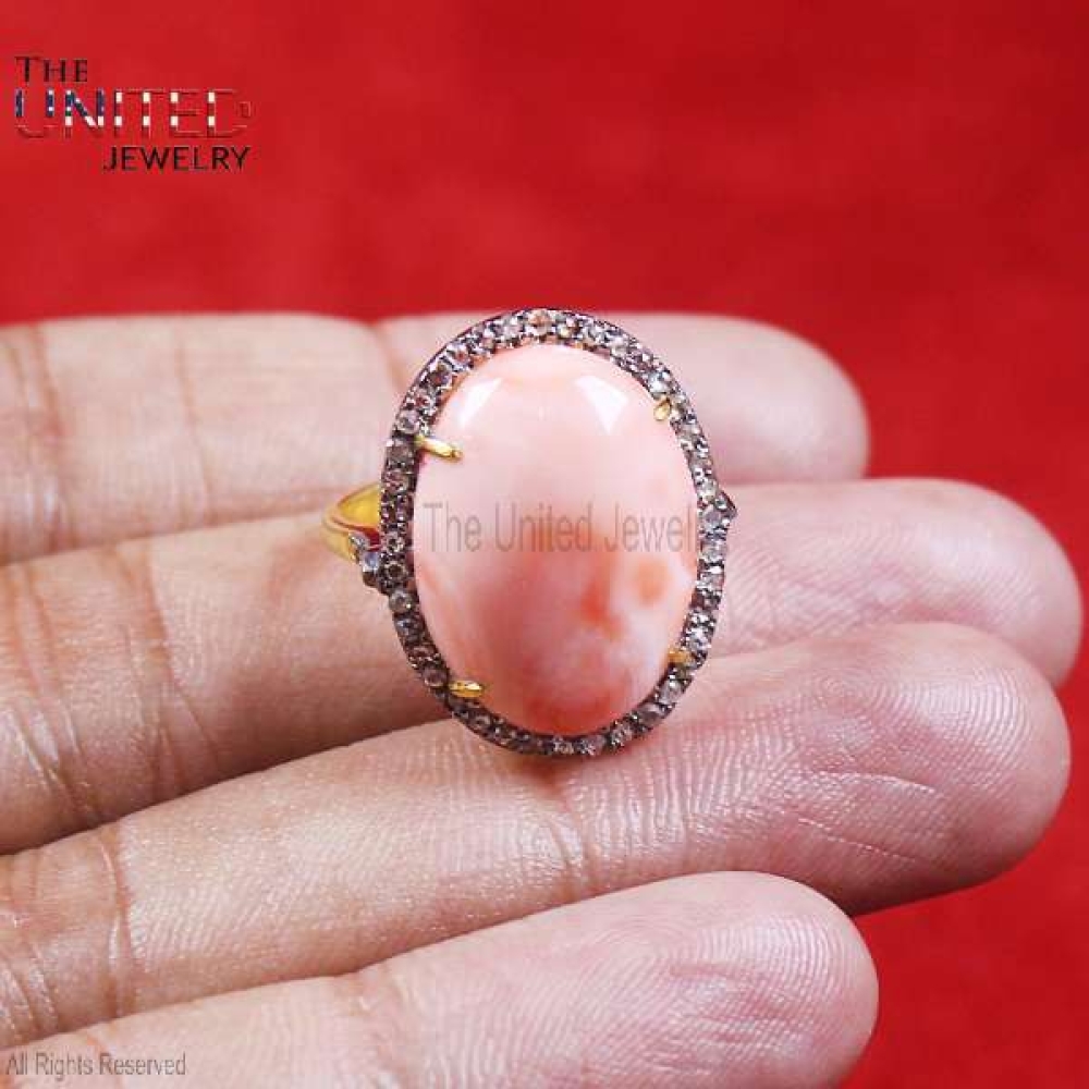 Handmade 925 Sterling Silver Pave Diamond With Pink Coral Gemstone Ring Jewelry For Women’s