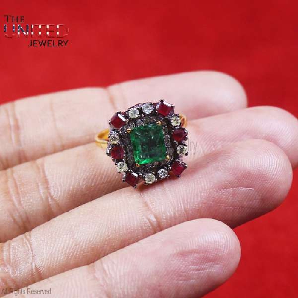 925 Sterling Silver Pave Diamond With Ruby And Emerald Designer Handmade Ring Jewelry For Women’s