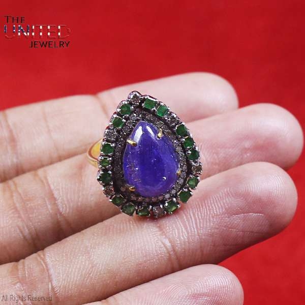 925 Sterling Silver Pave Diamond With Tanzanite And Tsavorite Pear Shape Designer Handmade Ring Jewelry For Women’s