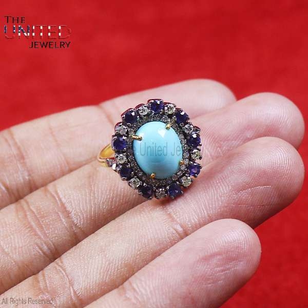 Handmade 925 Sterling Silver Diamond With Turquoise And Blue Sapphire Designer Ring Jewelry For Women’s