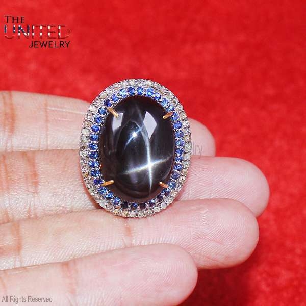 925 Sterling Silver Handmade Pave Diamond With Black Onyx And Blue Sapphire Designer Ring Jewelry For Women’s
