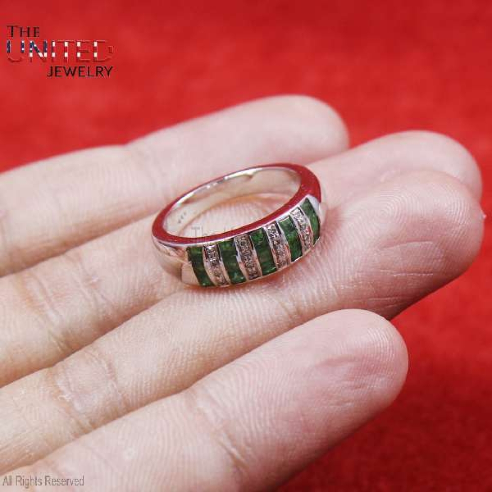 925 Sterling Silver Pave Diamond With Tsavorite Handmade Band Ring Jewelry For Women’s