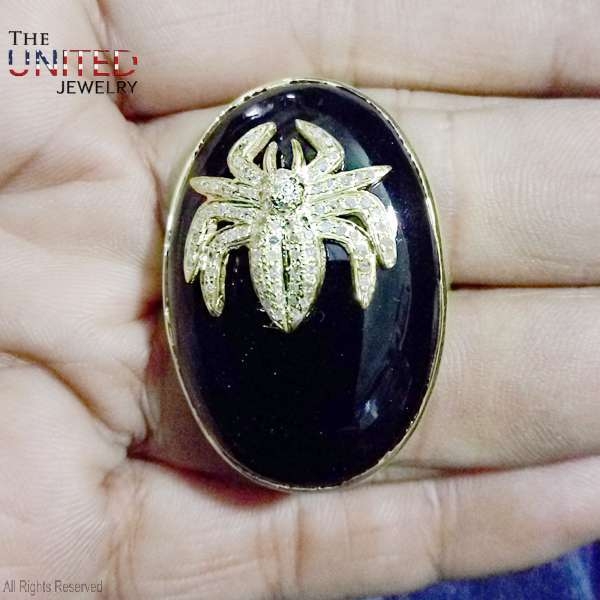 925 Sterling Silver Black Onyx With Pave Diamond Spider Handmade Ring Jewelry For Women’s